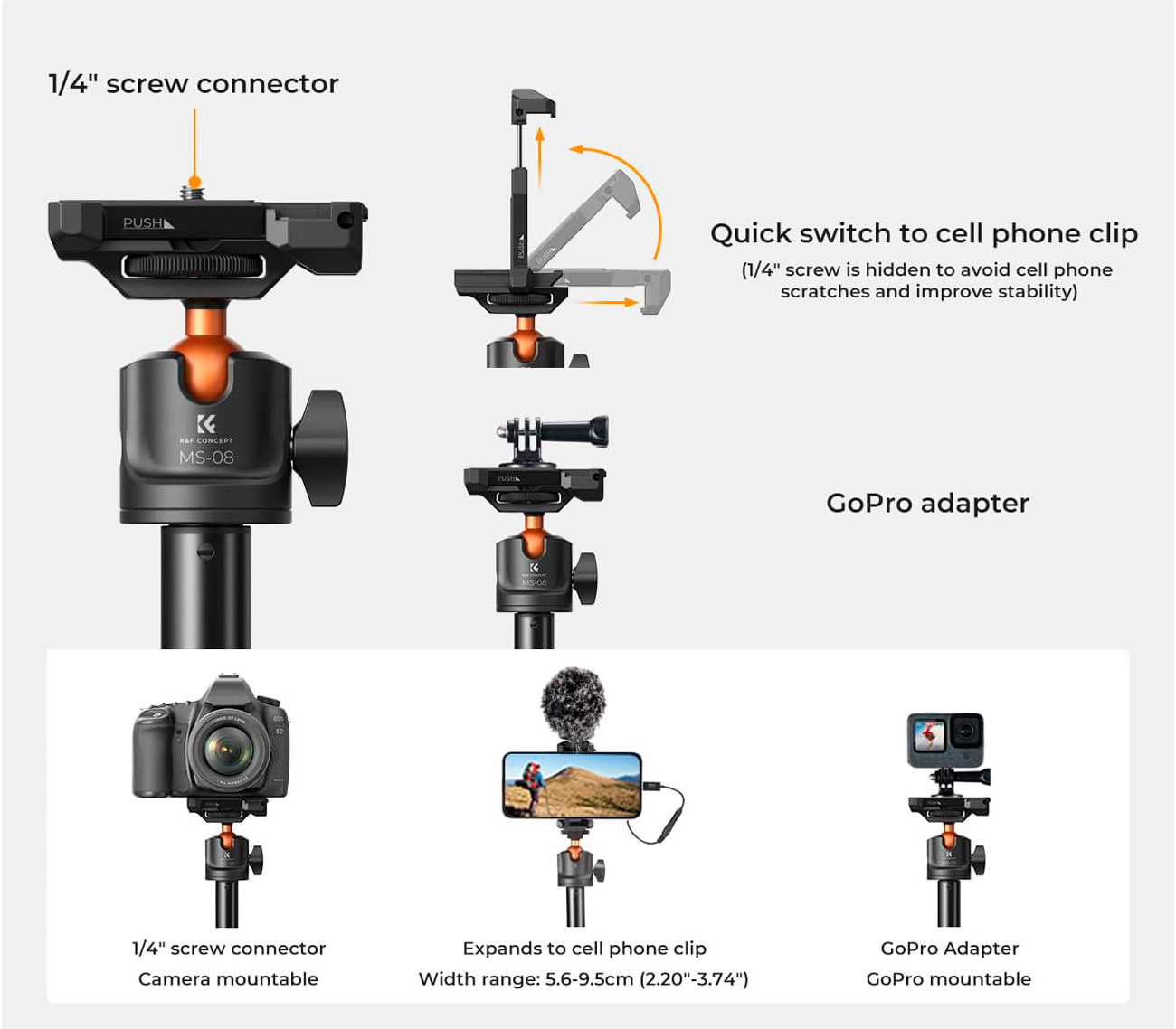 Штатив K&F Concept MS08 + палка для селфи, 2 в 1