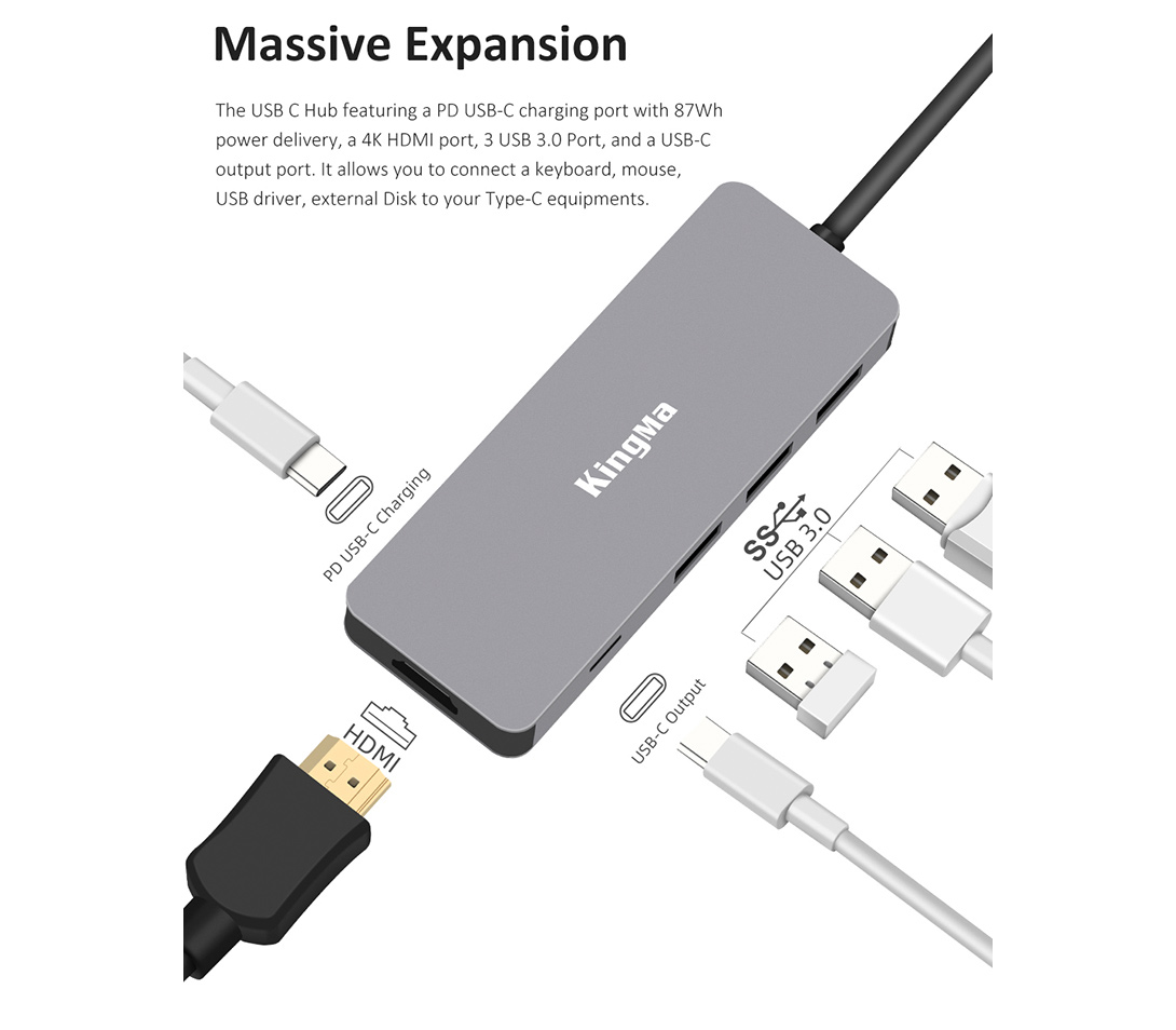 USB хаб Kingma BMU016, 3х USB-A, USB-C, HDMI, USB PD 87 Вт