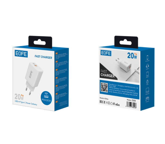 Зарядное устройство EOFE E203, USB-A + USB-C, 20 Вт, 3A, белое