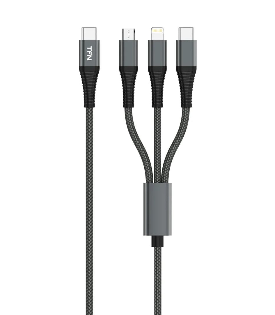 Дата-кабель TFN 3 в 1: USB-С – USB-C / MicroUSB / Lightning, 1.2 м, серый