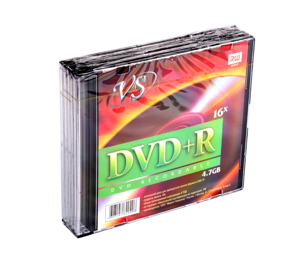 Диск VS DVD+R 4,7 GB 16x Slim, 5 шт.