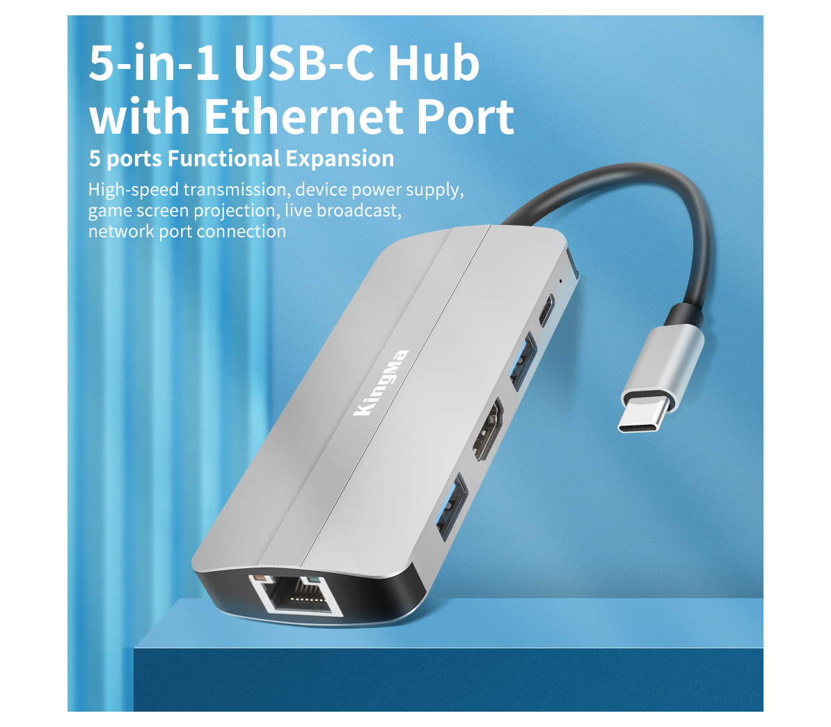 Хаб 5-в-1 Kingma BMU034, USB-C, 2х USB-A, Ethernet, HDMI 2.0
