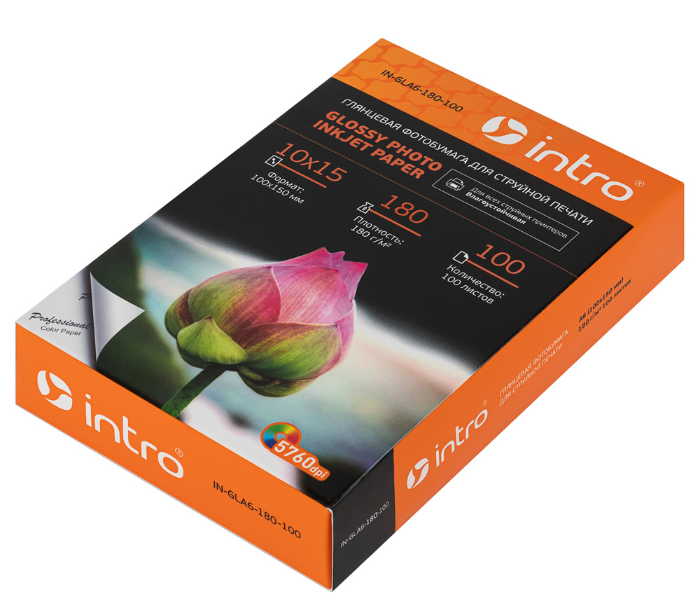 Фотобумага Intro GLA6-180-100, A6 глянцевая 180г/м2, 100 листов