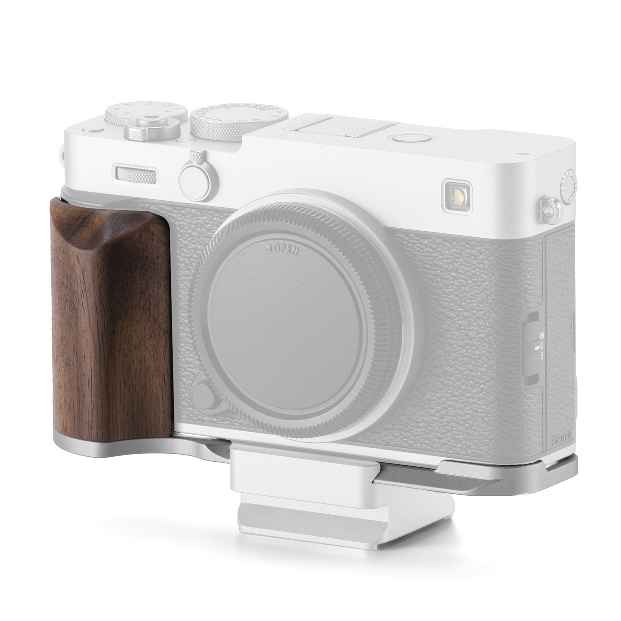 Площадка Tilta Mounting Baseplate with Wooden Grip, с деревянной рукояткой для Fujifilm X-E5, серебристая