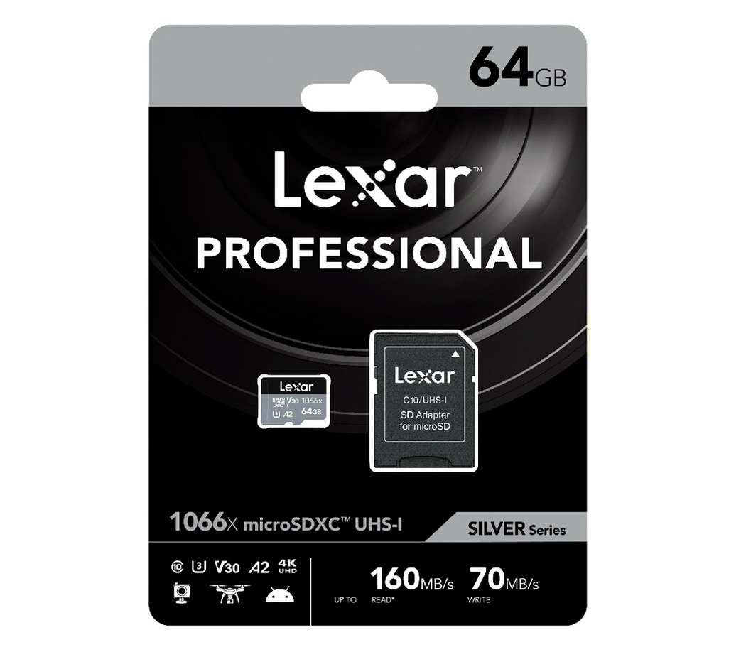 Карта памяти Lexar MicroSDXC 64GB Professional 1066x UHS-I U3 A2 V30 (160/70 MB/s), с адаптером
