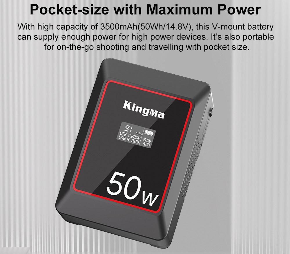 Аккумулятор Kingma 50W Mini, V-Mount, OLED дисплей, 3500 мАч