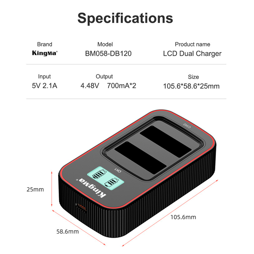 Зарядное устройство Kingma BM058-DB120 для 2х Ricoh DB-120, USB, с дисплеем