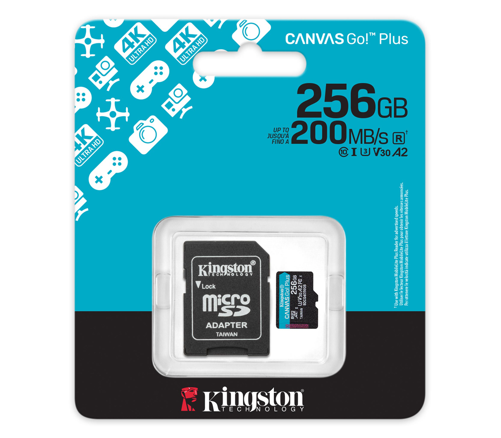 Карта памяти Kingston MicroSDXC 256GB Canvas Go! Plus G4 UHS-I U3 V30 A2, с SD-адаптером