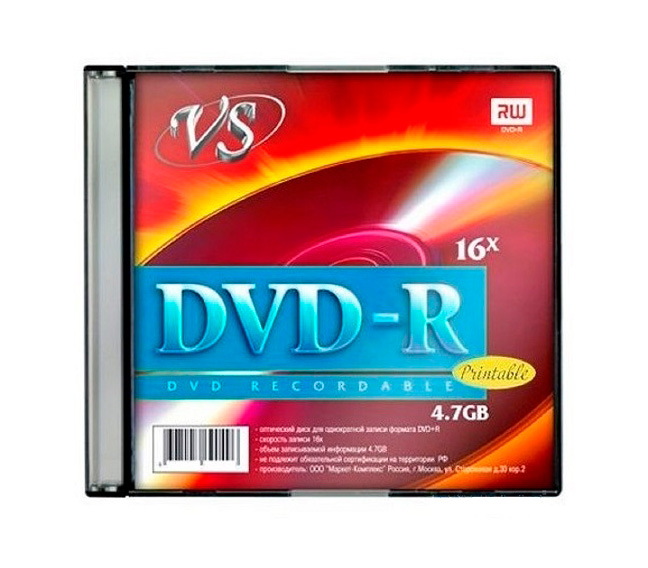 Диск VS DVD-R 4.7 GB 16x Slim Ink Print, 5 шт. (уцененный)
