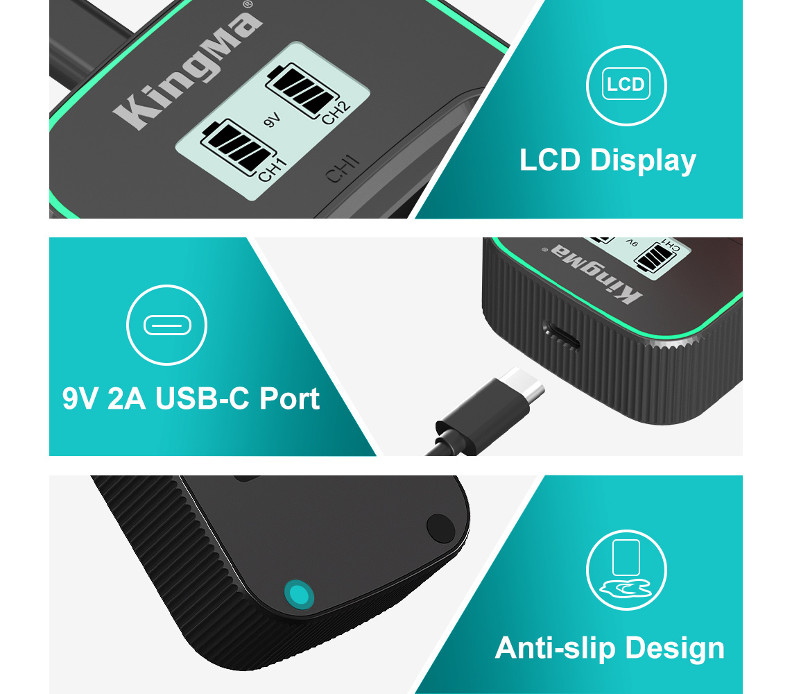 Зарядное устройство Kingma BM058Q-FZ100, для 2х Sony NP-FZ100, дисплей, USB Type-C