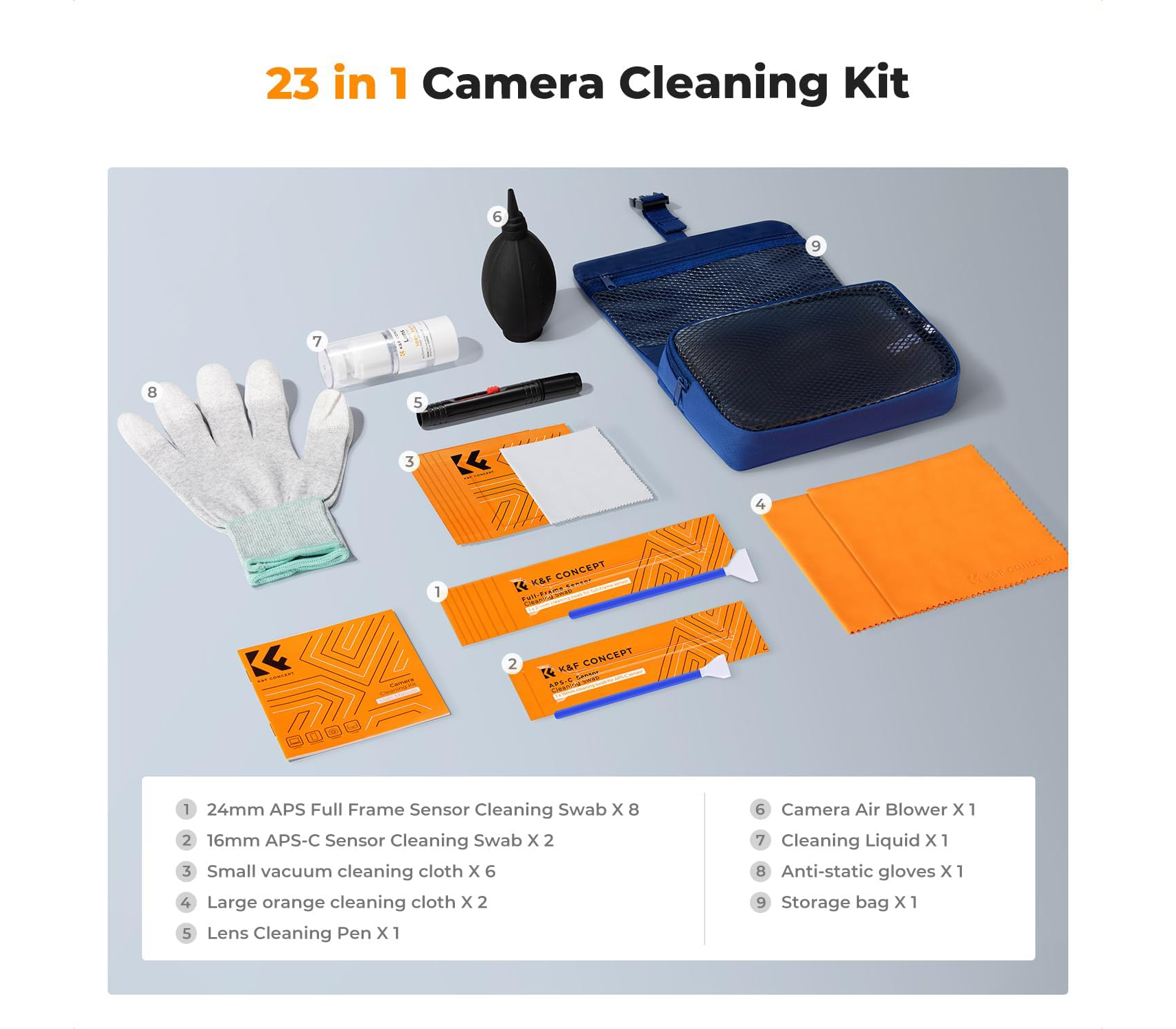 Набор для чистки K&F Concept 1868, матриц и оптики, 23 в 1
