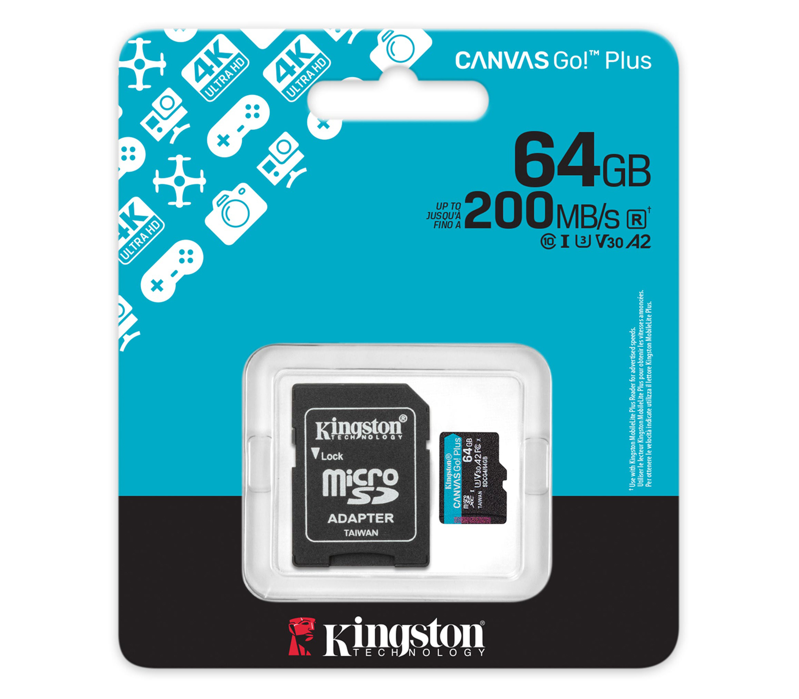 Карта памяти Kingston MicroSDXC 64GB Canvas Go! Plus G4 UHS-I U3 V30 A2, с SD-адаптером