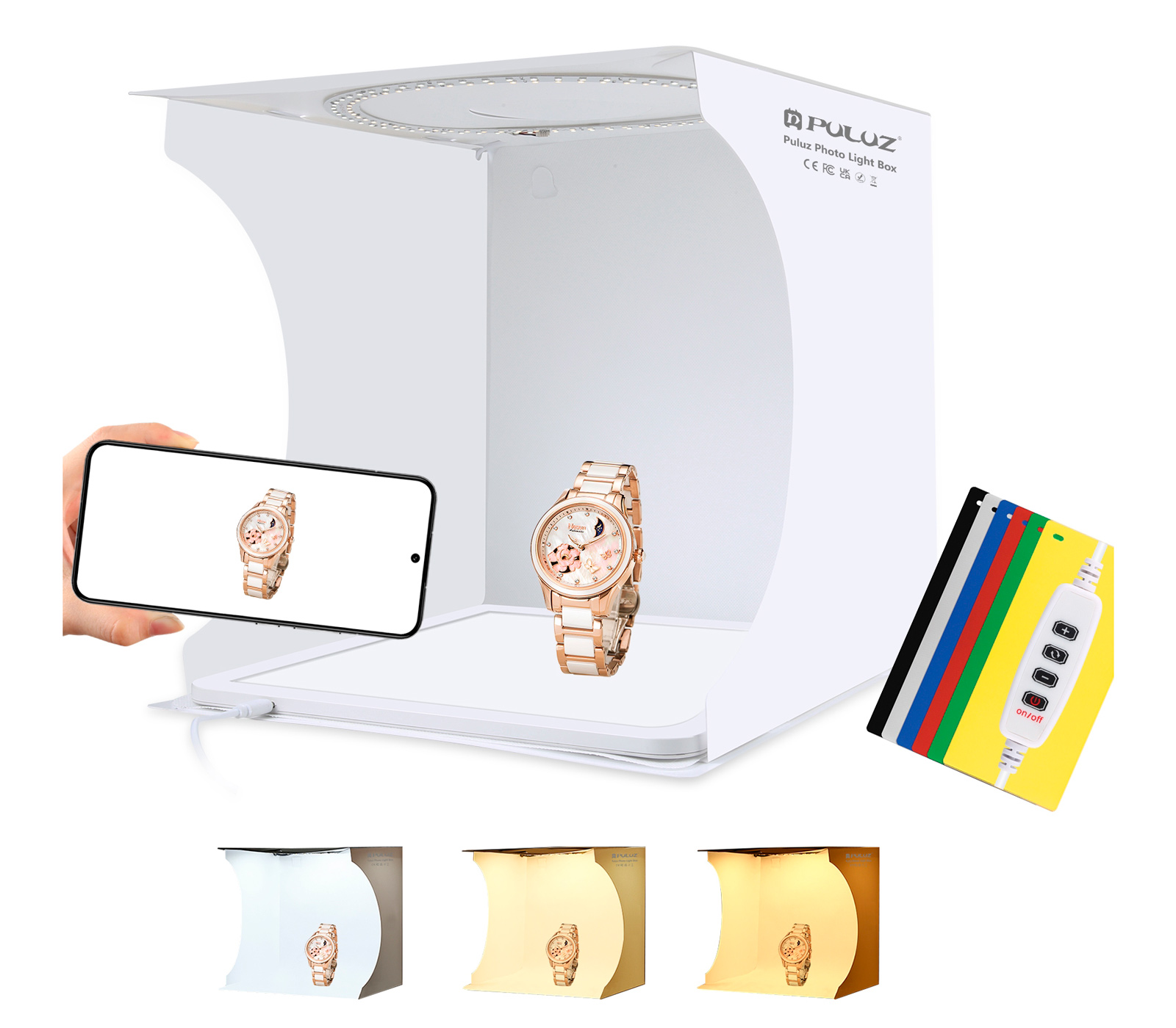 Фотобокс Puluz PKT3201, 30 см, кольцевая + нижняя подсветка, 6 фонов