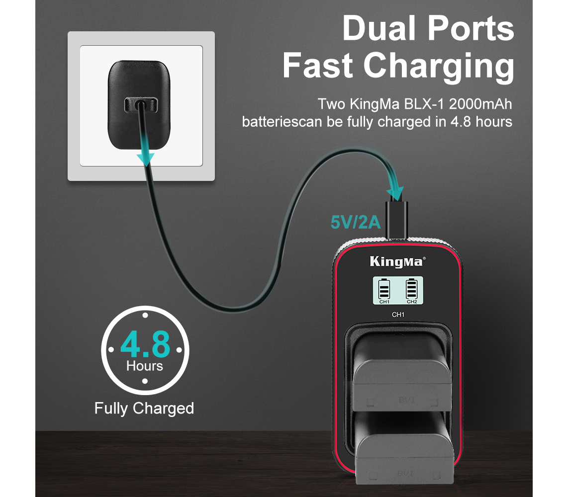 Зарядное устройство Kingma BM058-BLX1, для 2х Olympus BLX-1, дисплей