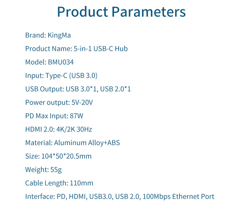 Хаб 5-в-1 Kingma BMU034, USB-C, 2х USB-A, Ethernet, HDMI 2.0