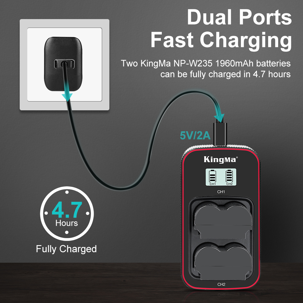 Зарядное устройство Kingma BM058-W235 для 2х NP-W235, USB, с дисплеем