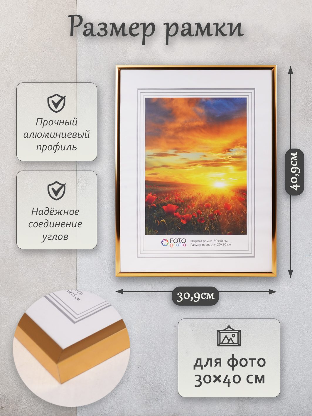 Фоторамка Fotografia 30х40 см, алюминий, золотистая (FFAL-8208)