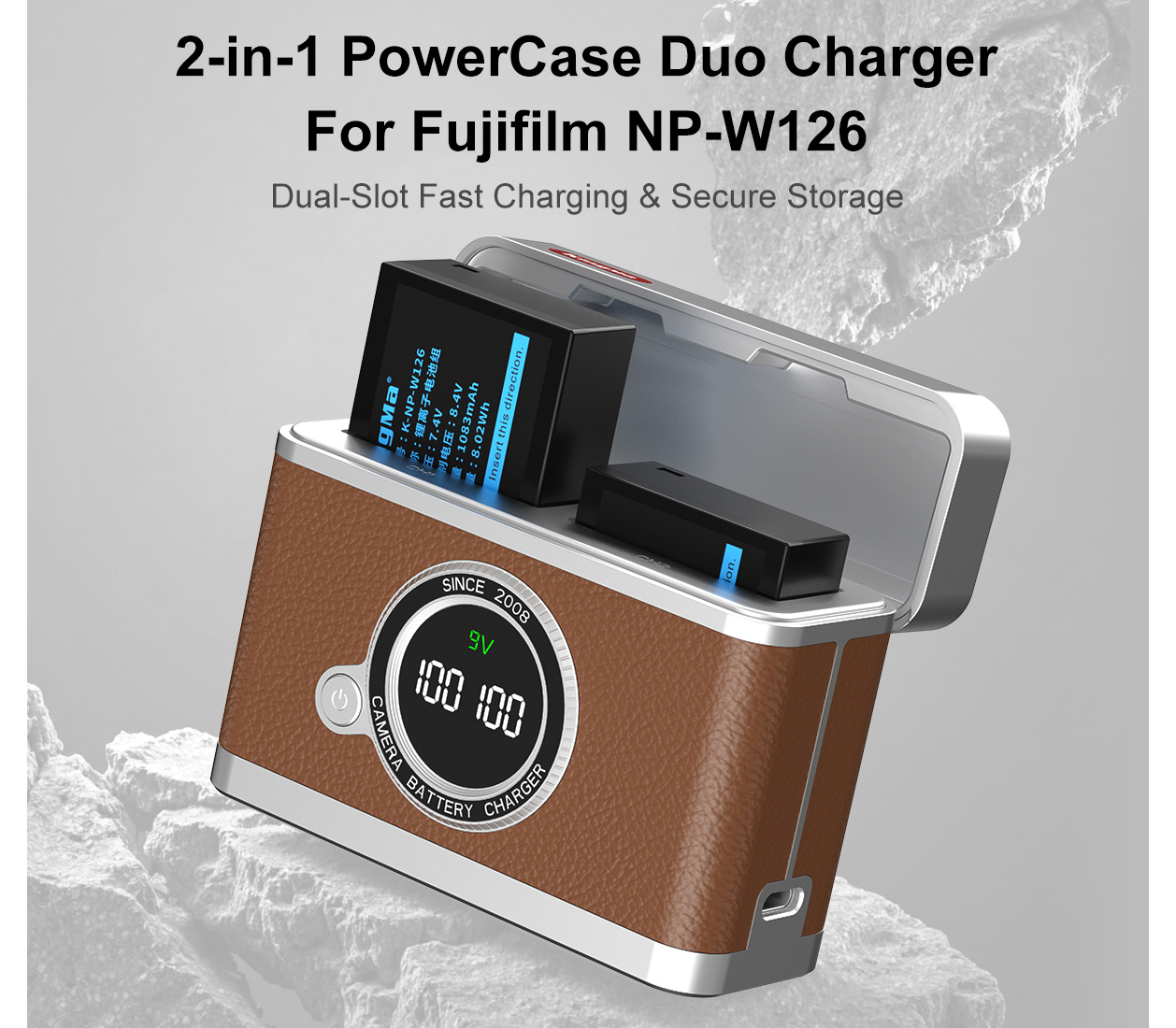 Зарядный кейс Kingma BM070-W126 для 2х Fujifilm NP-W126, коричневый