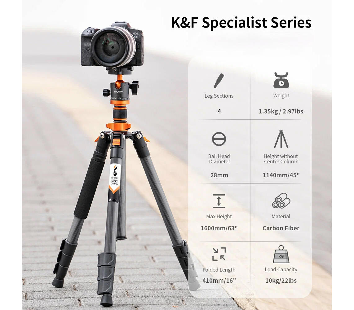 Штатив K&F Concept D254C1 с шаровой головой BH-28L, карбон