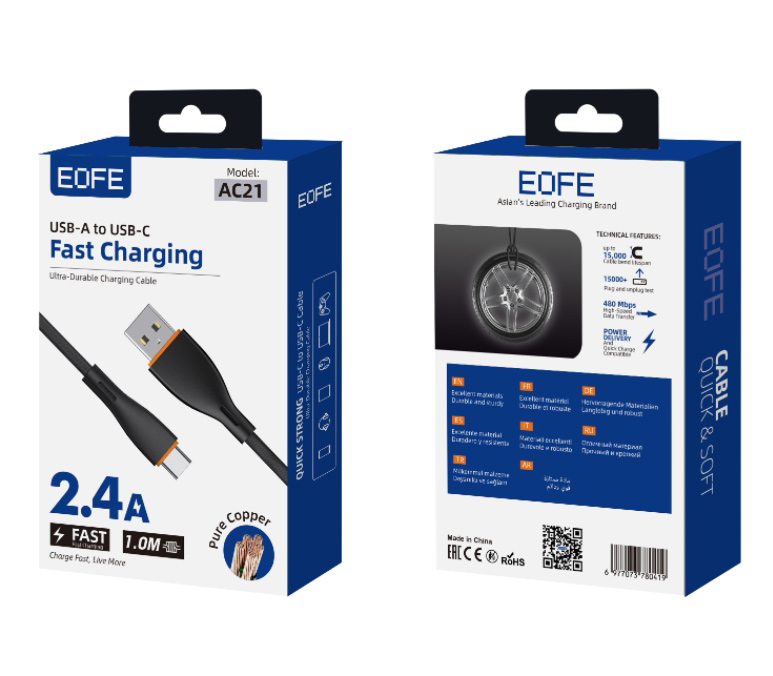 Кабель EOFE AC21 USB-A / USB-C, 2.4А, ПВХ, 1 метр, черный