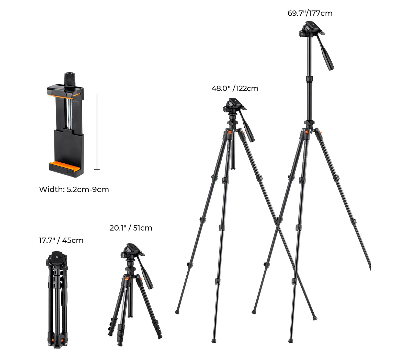 Штатив K&F Concept O234A0 с 2D головой и зажимом для смартфона