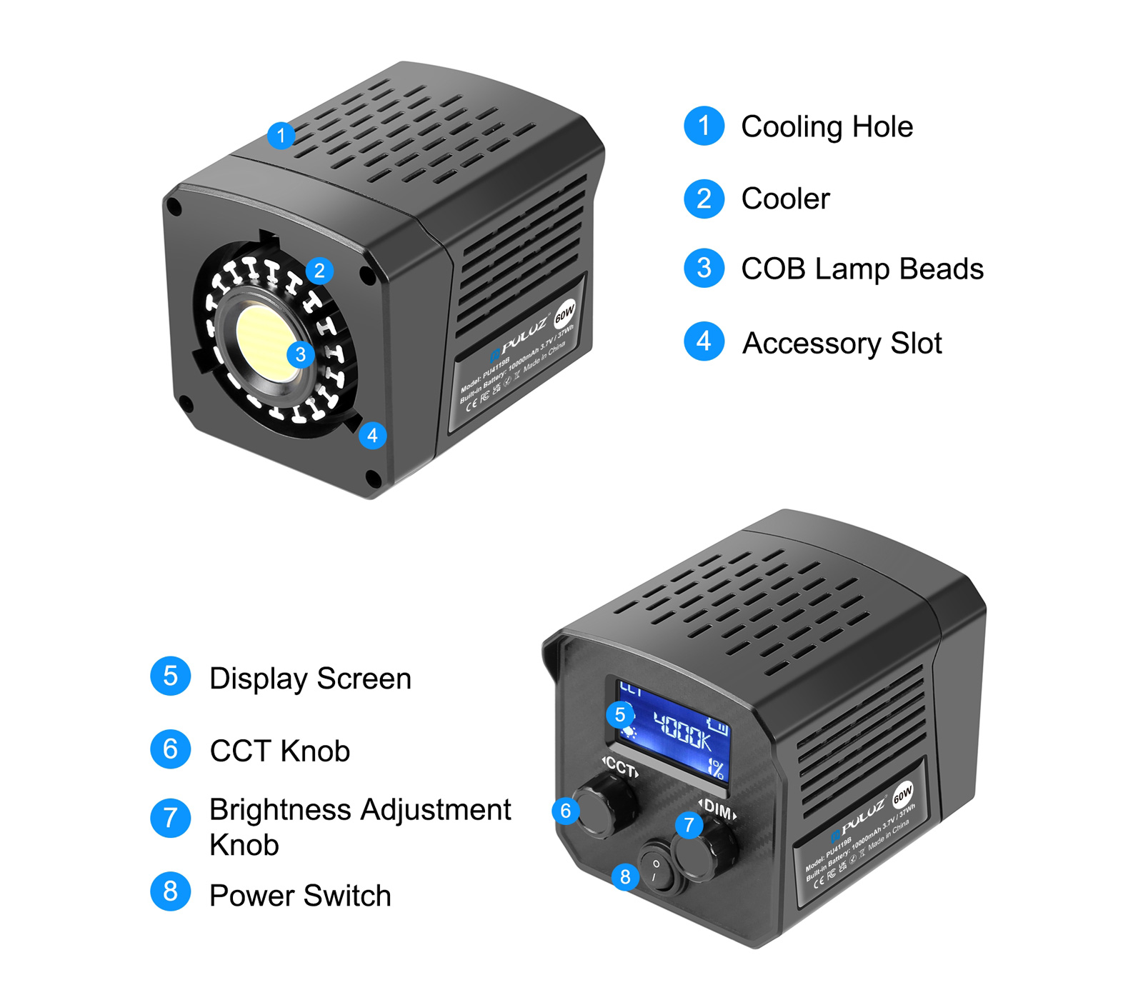 Осветитель Puluz PU4119B, светодиодный, 60 Вт, 2500-6500К, MIni Bowens