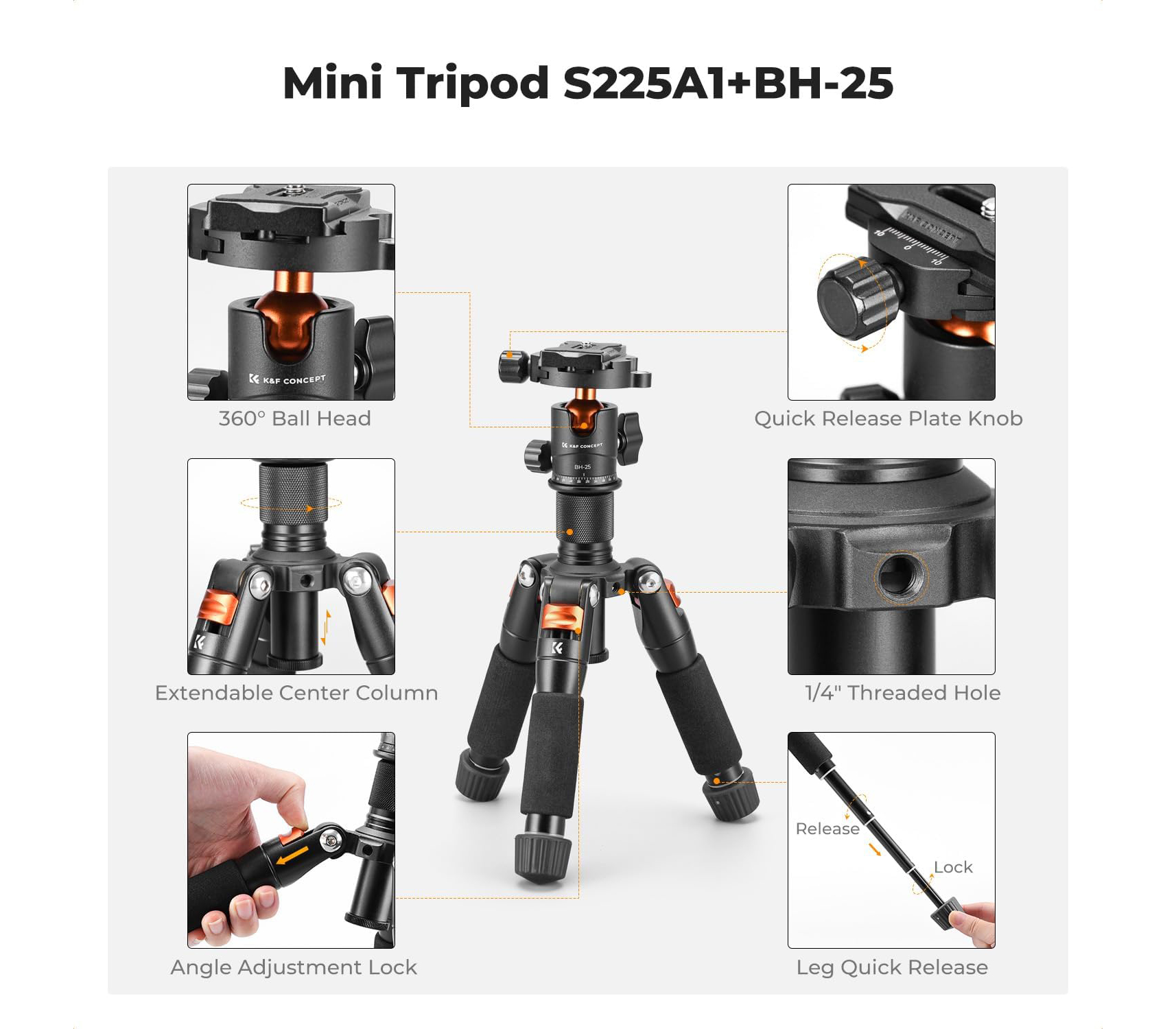 Настольный штатив K&F Concept S225A1 с шаровой головой BH-25