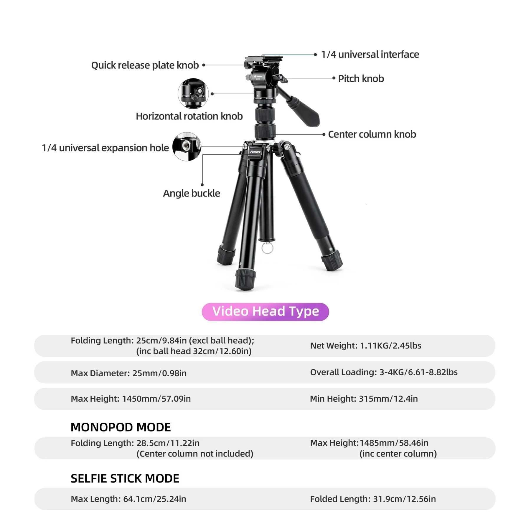 Штатив Fotopro FY-830, 2D видеоголова MH-2A, до 4 кг