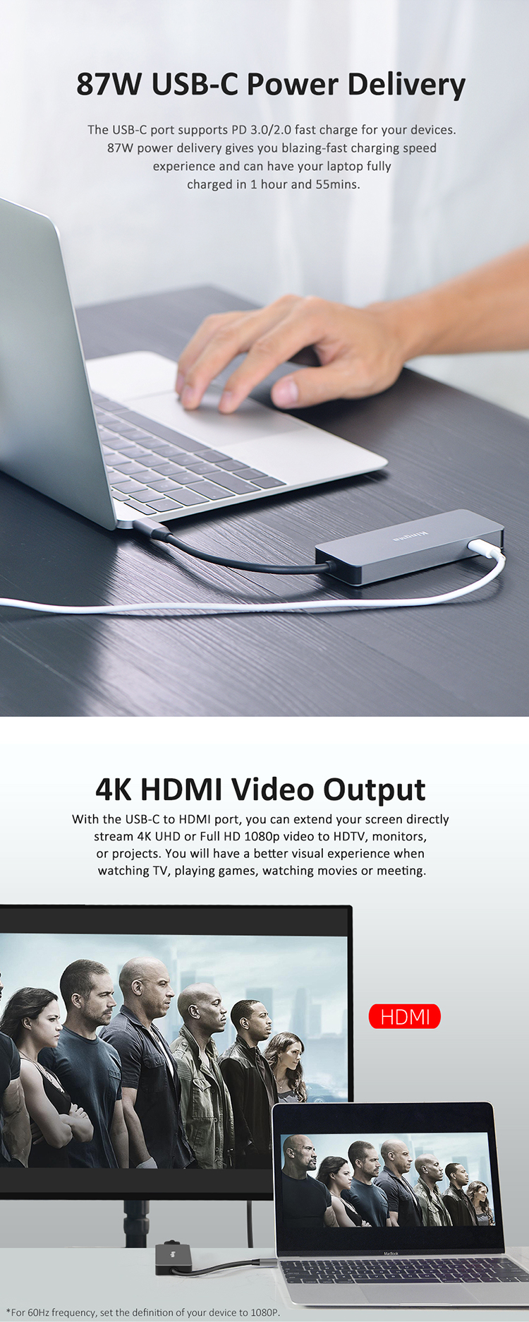 USB хаб Kingma BMU016, 3х USB-A, USB-C, HDMI, USB PD 87 Вт