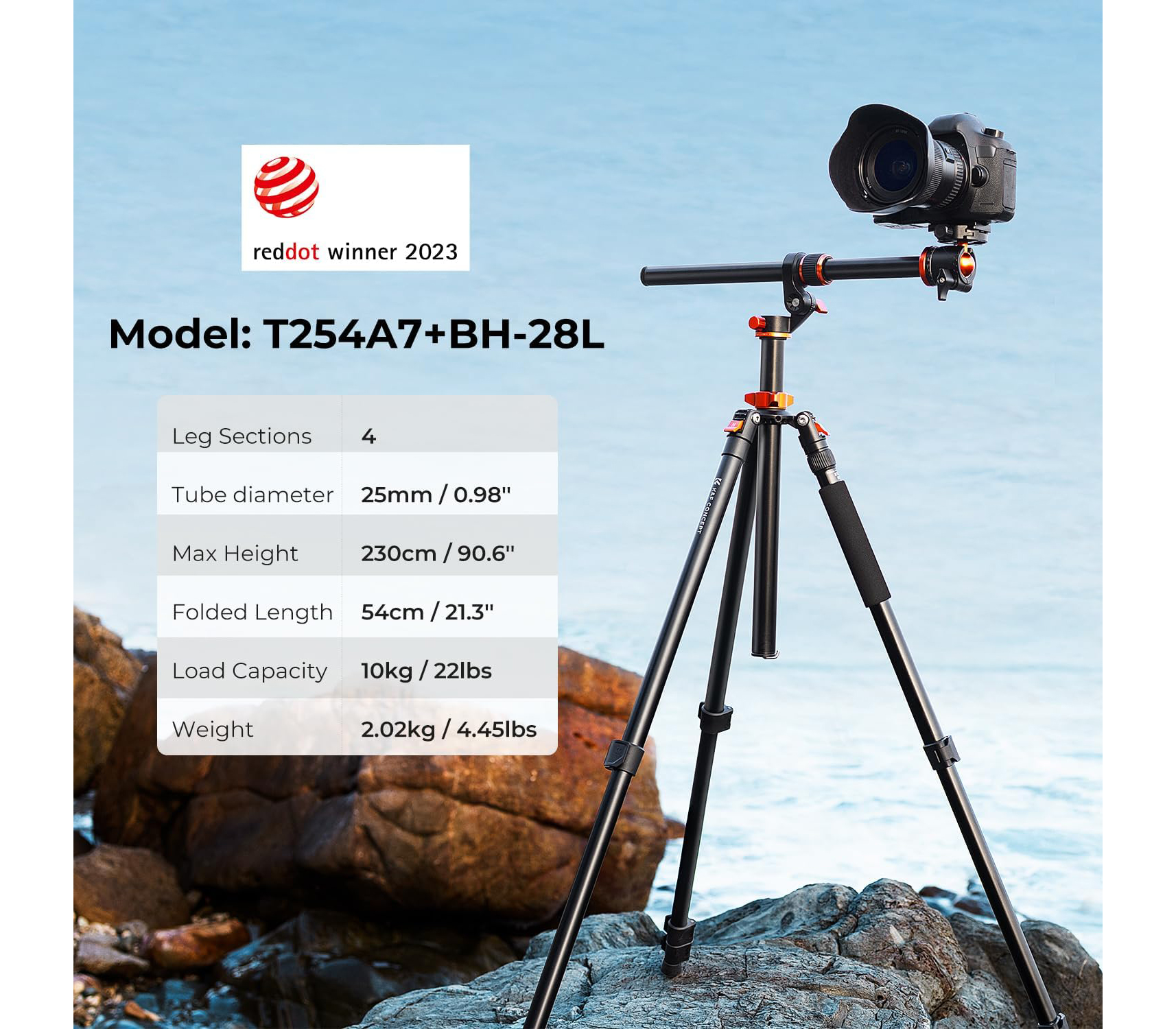 Штатив K&F Concept T254A7 с шаровой головой BH-28L и горизонтальной штангой