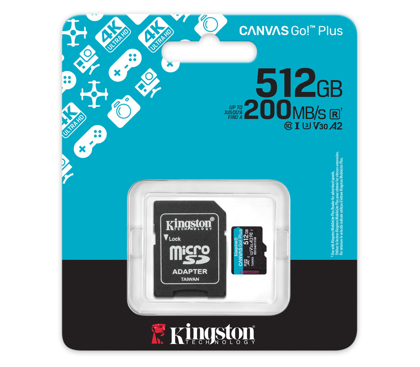 Карта памяти Kingston MicroSDXC 512GB Canvas Go! Plus G4 UHS-I U3 V30 A2, с SD-адаптером