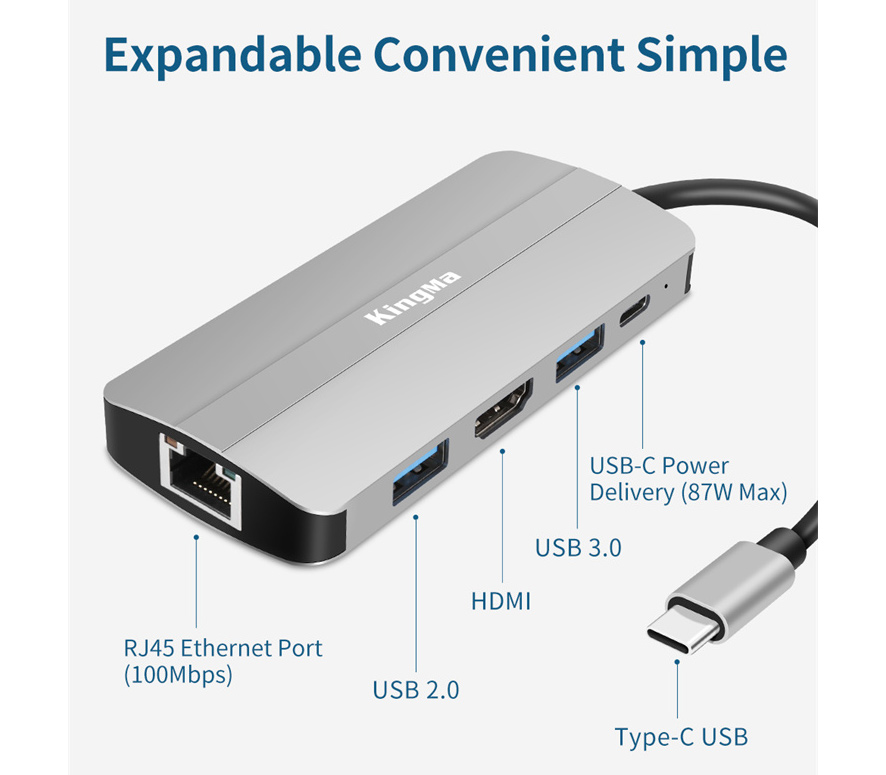 Хаб 5-в-1 Kingma BMU034, USB-C, 2х USB-A, Ethernet, HDMI 2.0