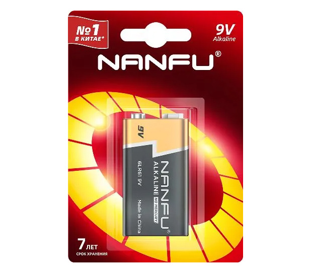Батарейка Nanfu 9V / 6LR61 «Крона», 1 шт.
