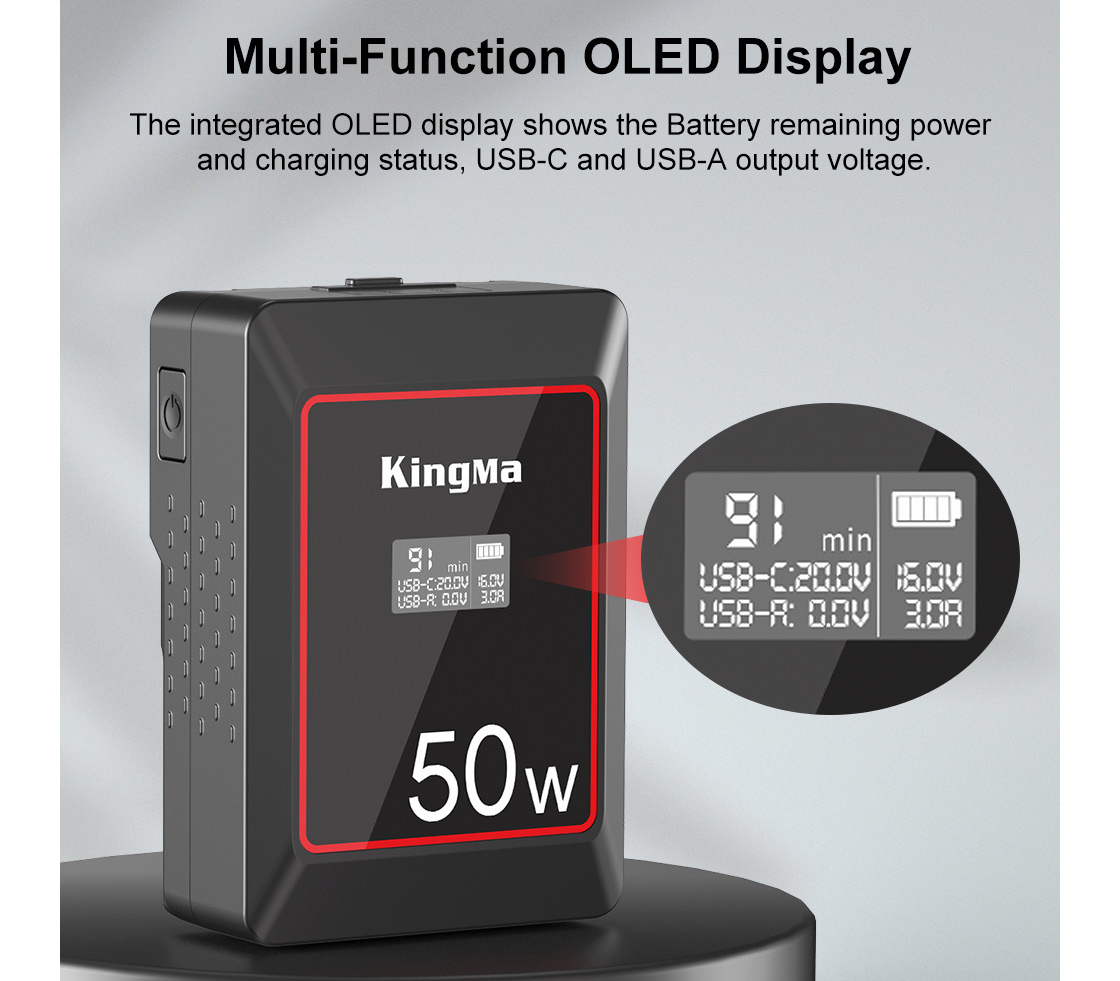 Аккумулятор Kingma 50W Mini, V-Mount, OLED дисплей, 3500 мАч