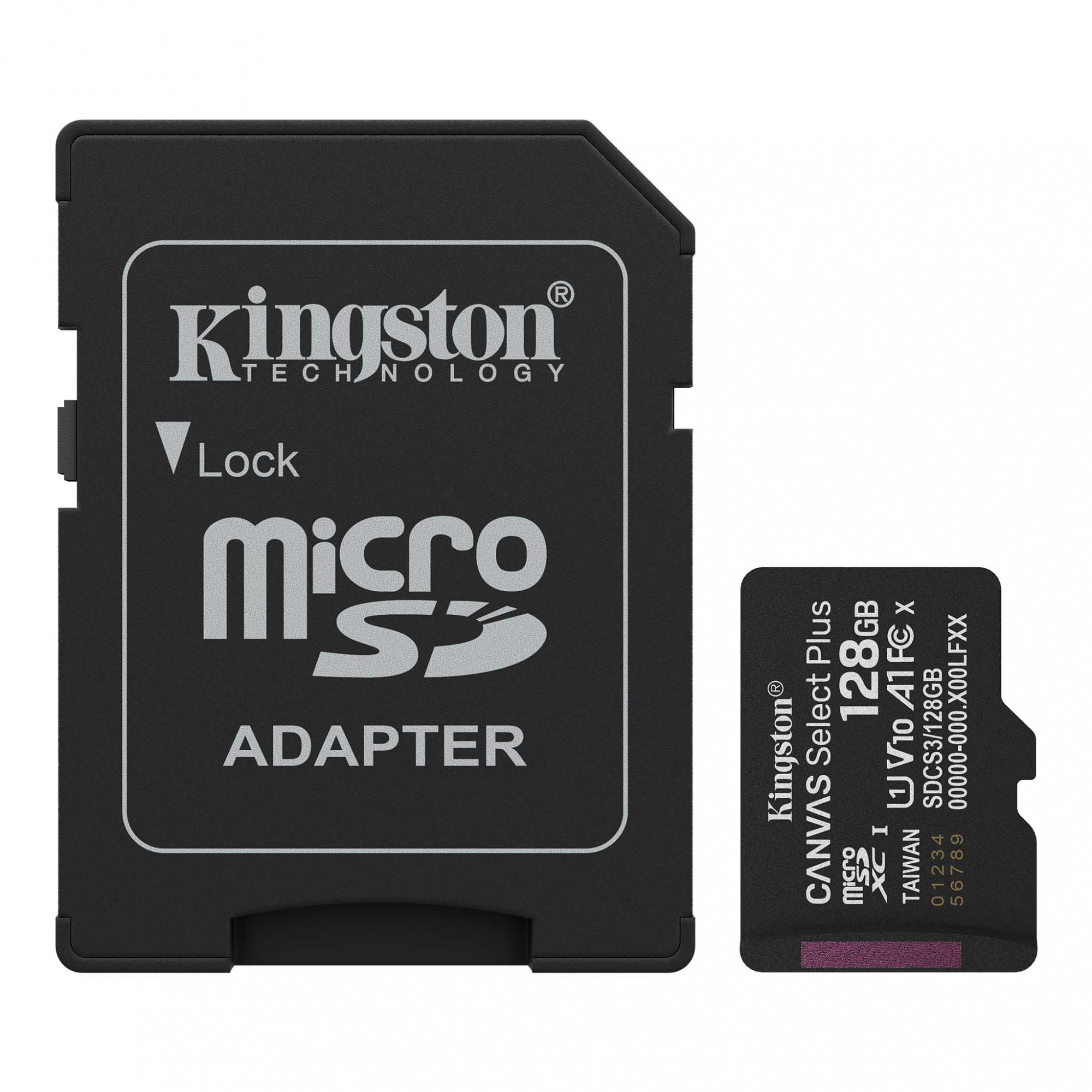 Карта памяти Kingston MicroSDXC 128GB Canvas Select Plus Gen3 UHS-I U1 A1, с адаптером SD